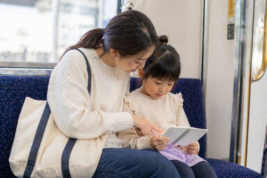 10-移動中にノートをみる親子