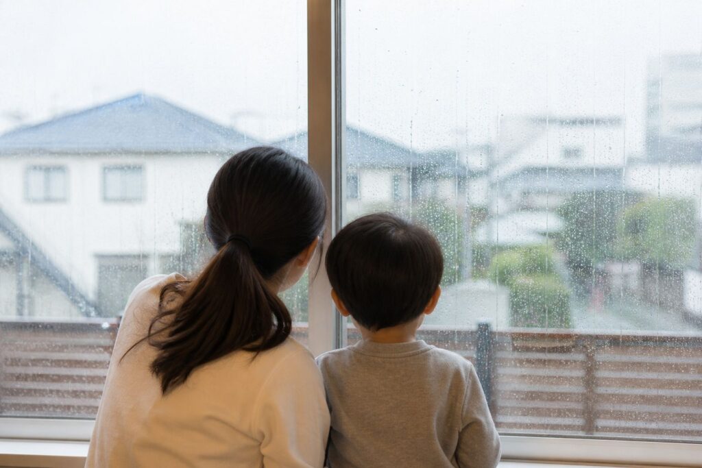 16雨の外を見る家族