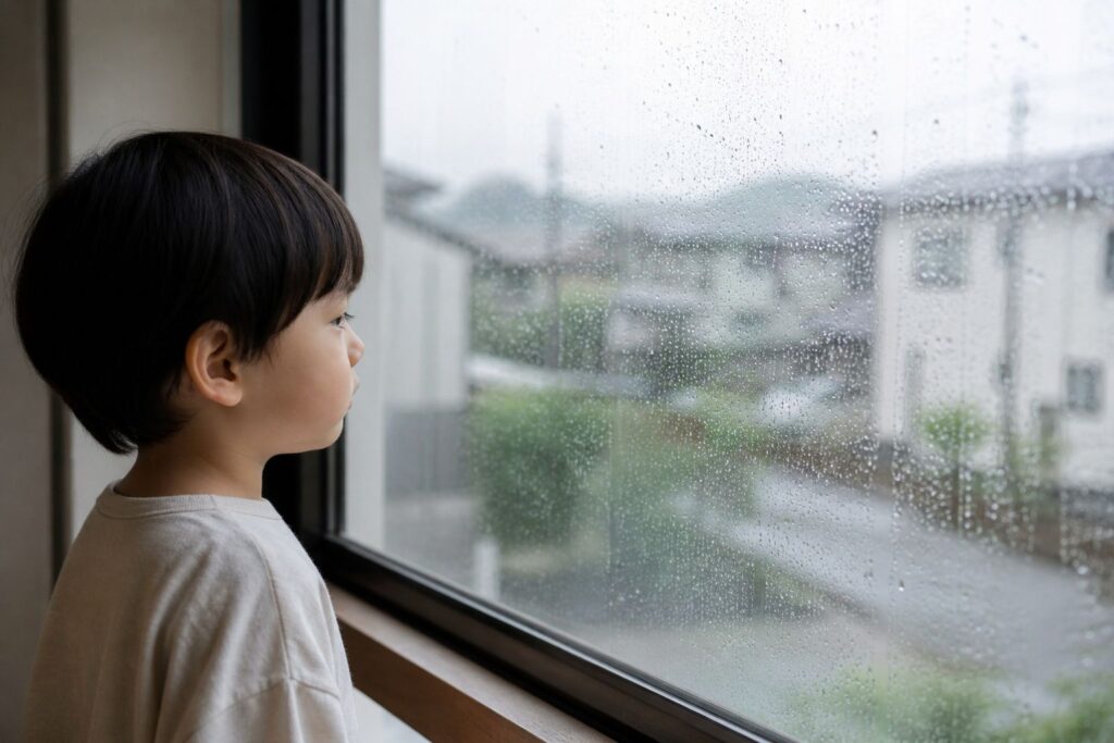 雨の外を見る子供