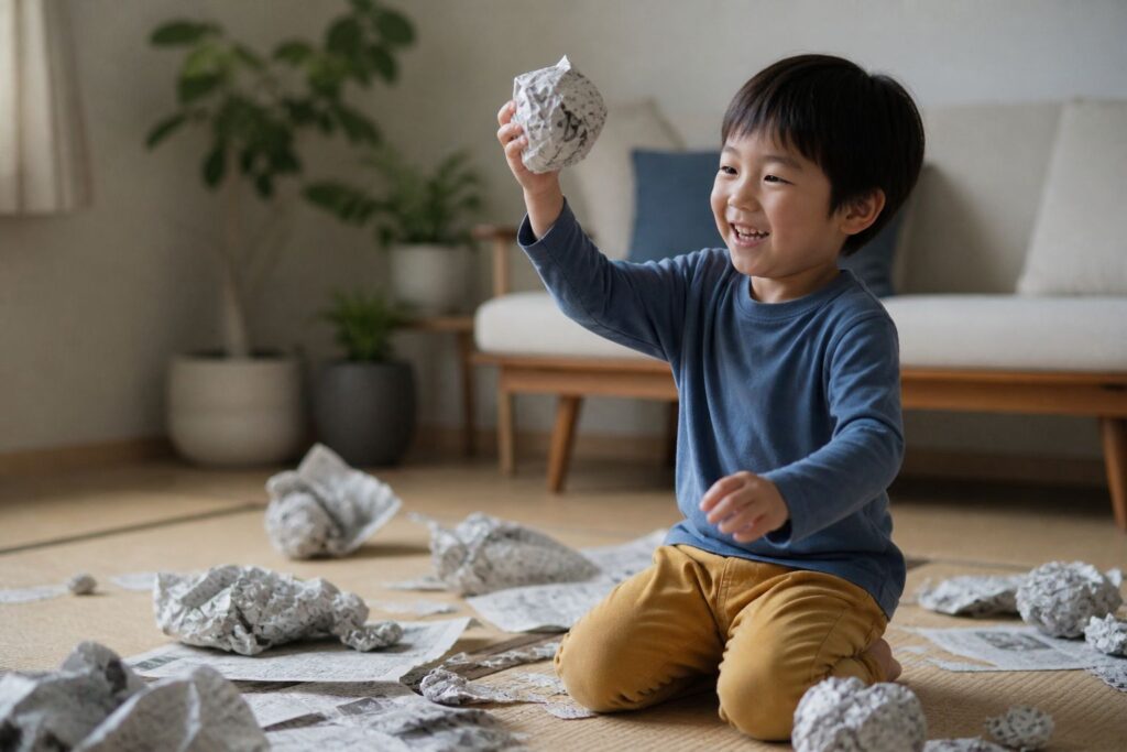 新聞紙で遊ぶ子供