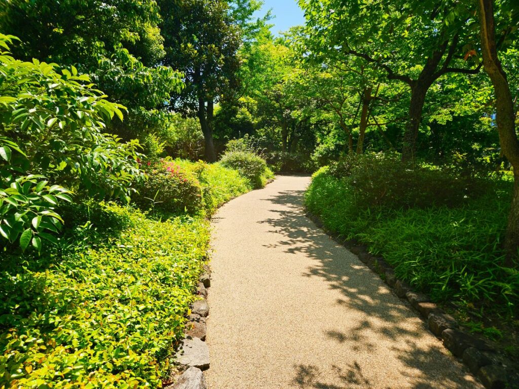 園内は歩きやすく、木陰もたくさん。ゆったり散歩しやすい庭園です。