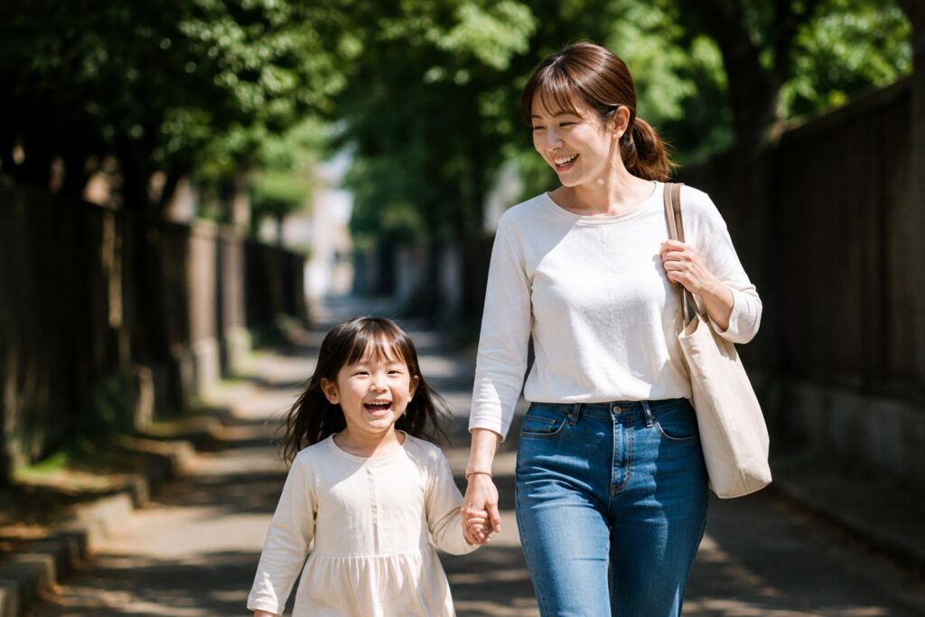 公園で歩く家族