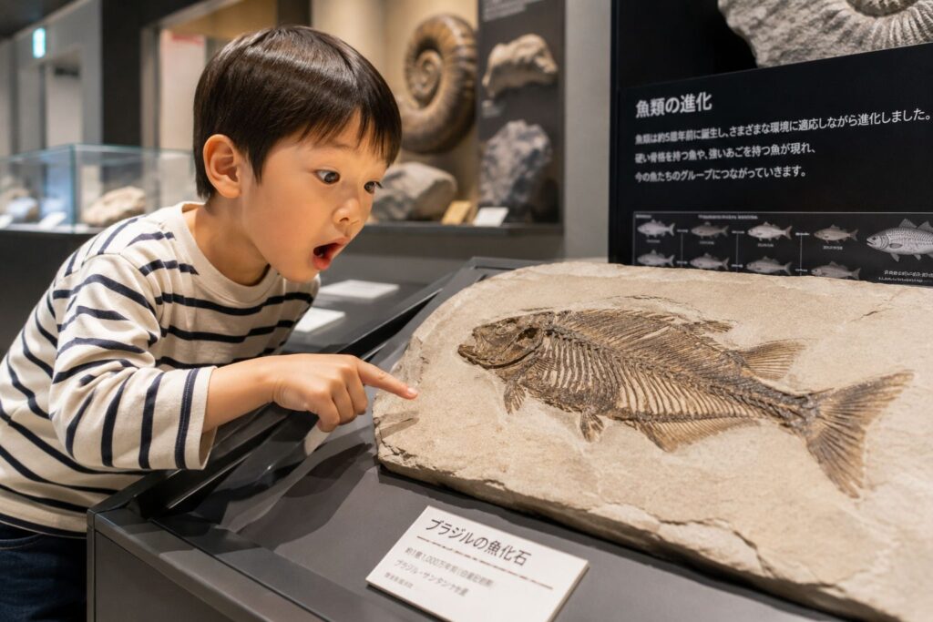化石に驚く子供