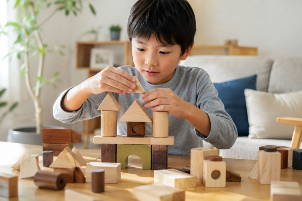 積み木をする小学生