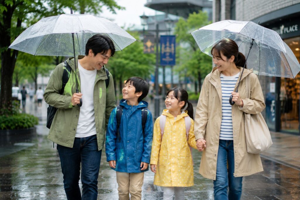 雨の日に散歩する家族