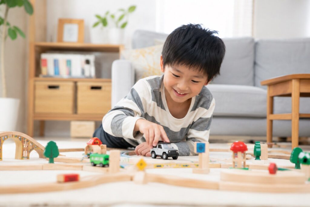 家で折り紙とノリで工作する子供