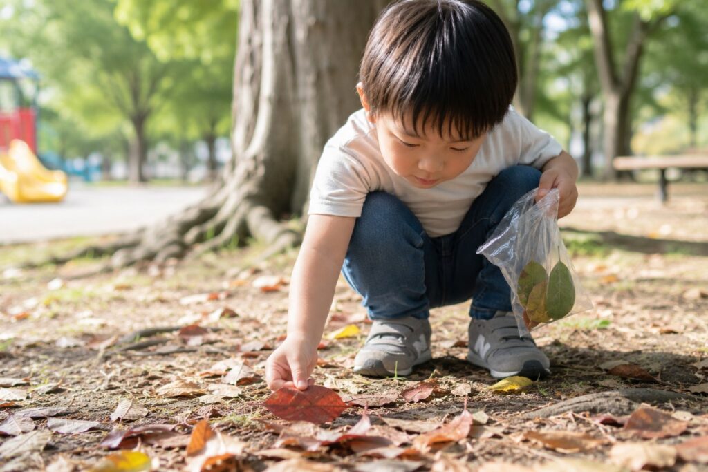 公園の葉っぱを集める子供