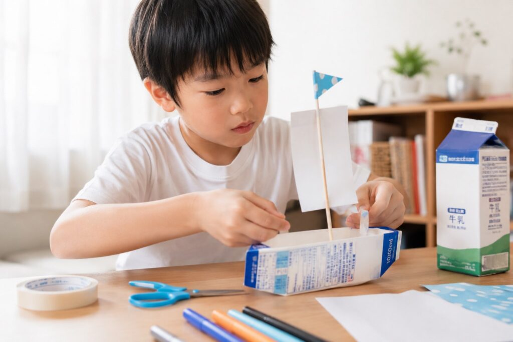 牛乳パックで船を工作する子供