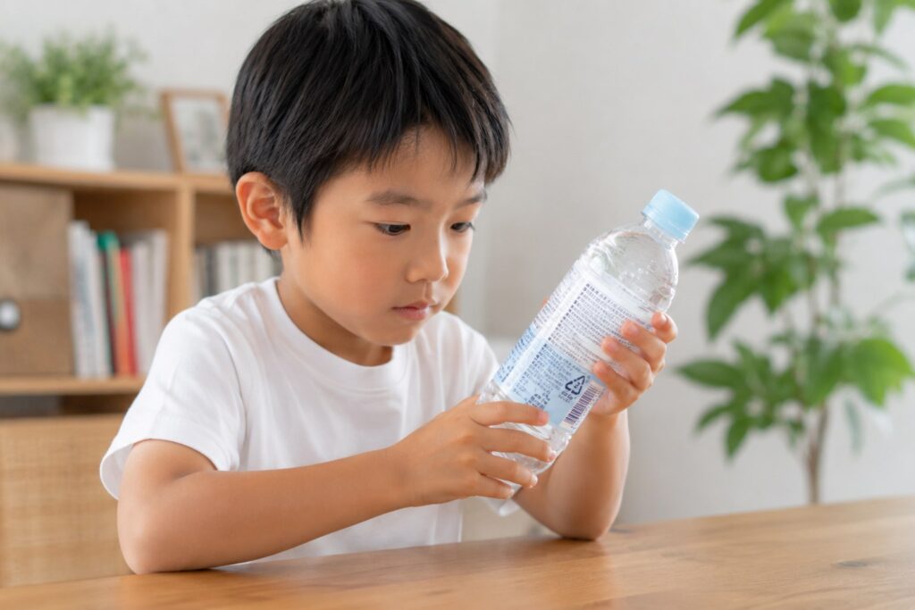 ペットボトルの裏面をみる子供