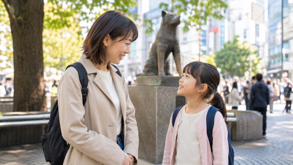 渋谷のハチ公前で話す親子