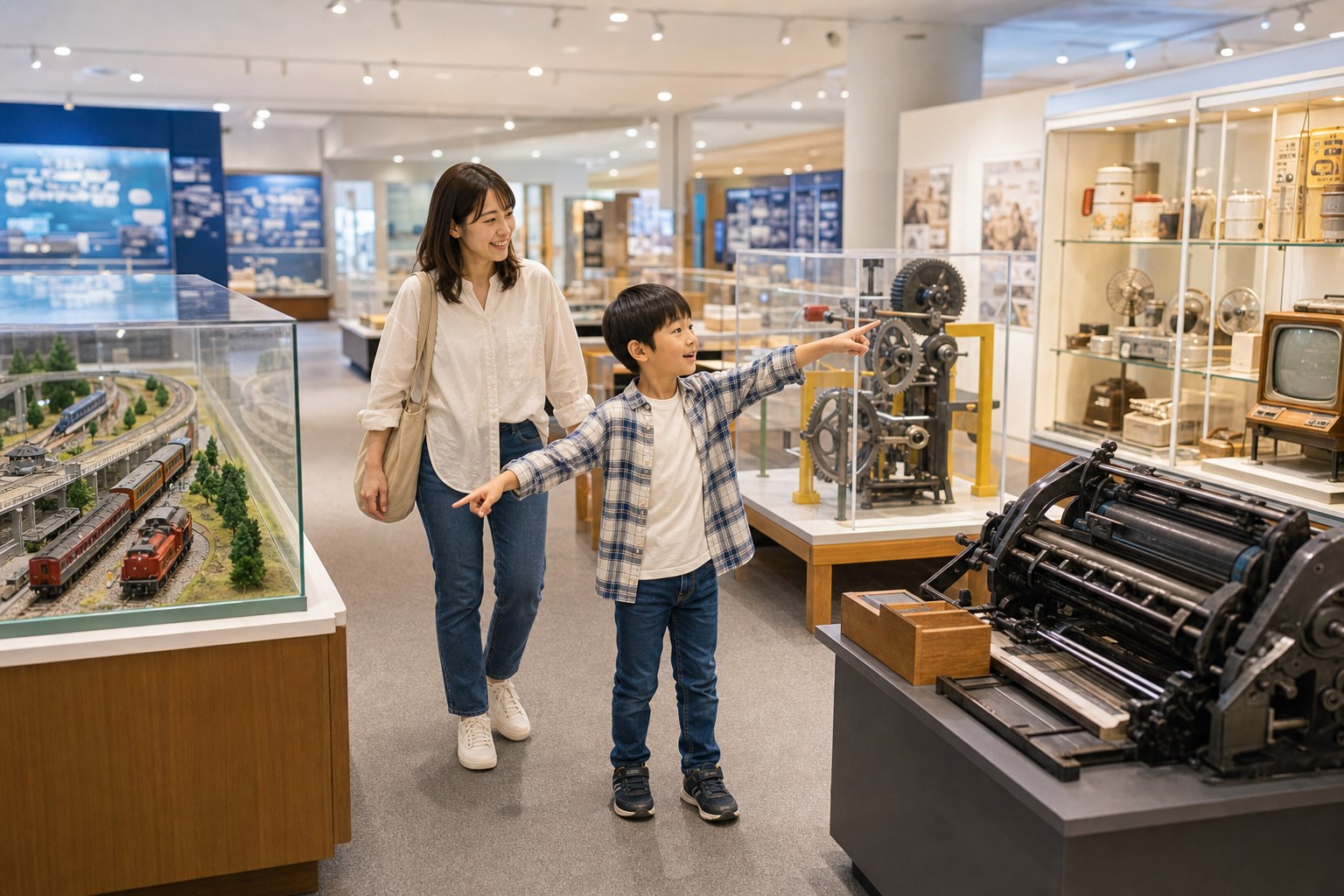 乗り物や科学や印刷の展示から好きなものを選ぶ子ども