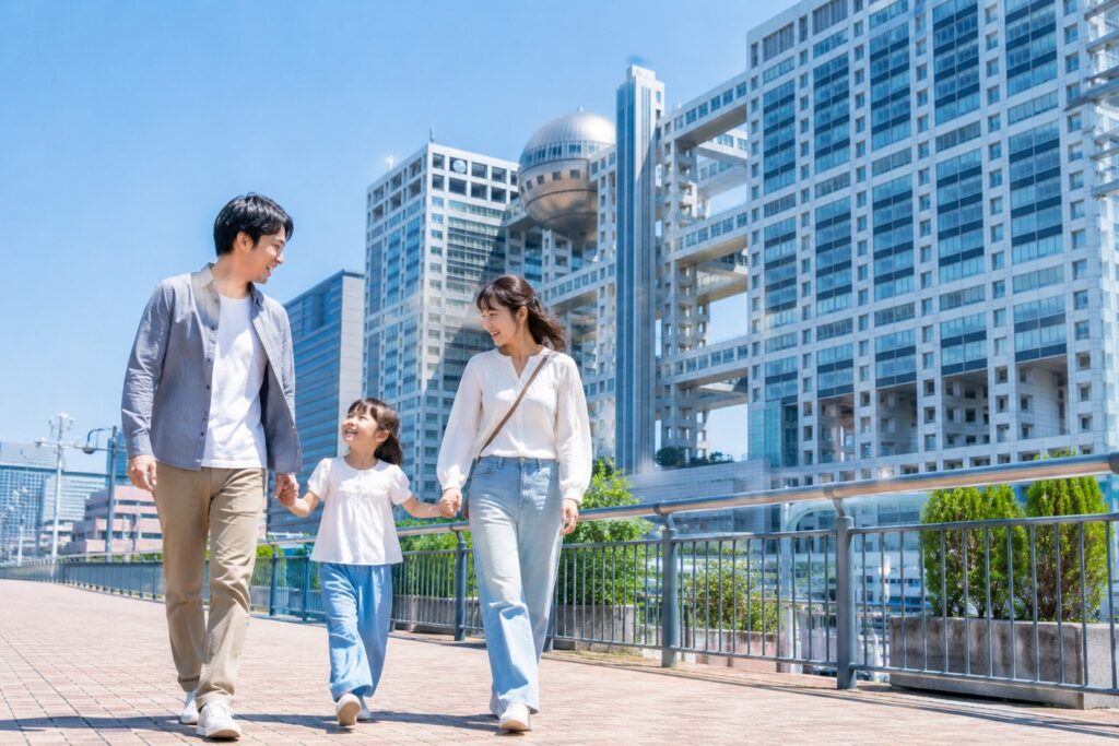 お台場のフジテレビ前を散歩する親子