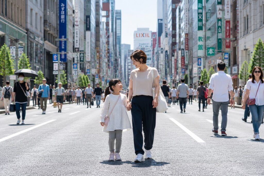 銀座の歩行者天国をあるく親子