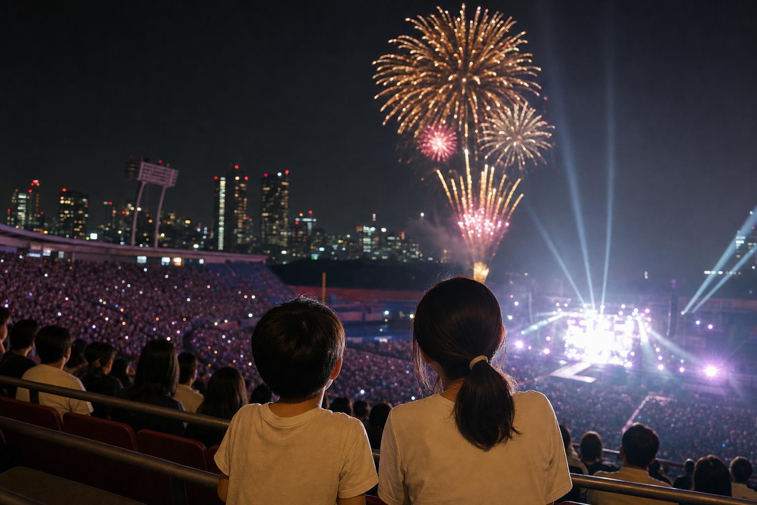 都心のスタジアムで音楽と花火を楽しむ親子