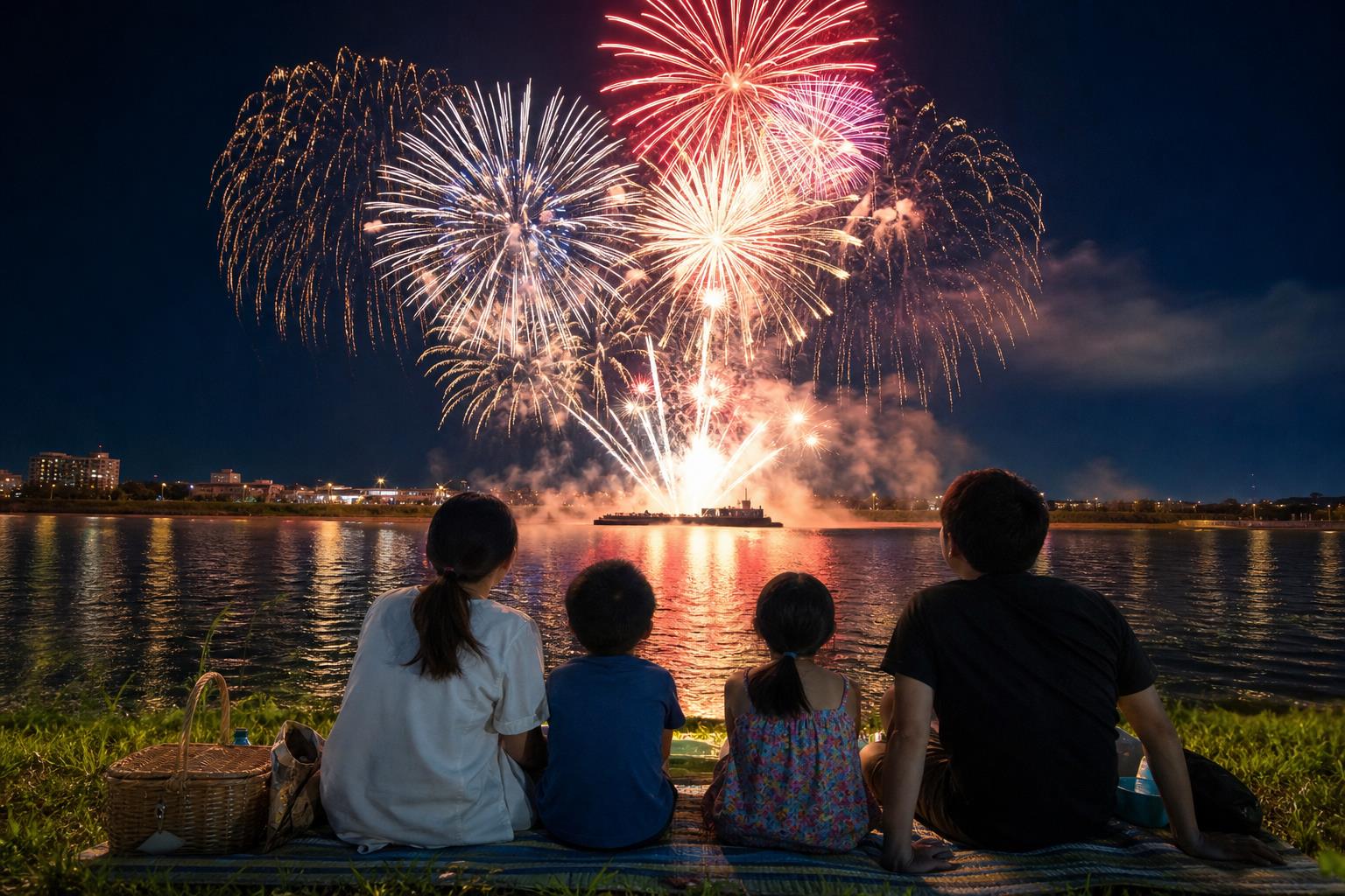 荒川の水辺で間近に上がる花火を眺める家族