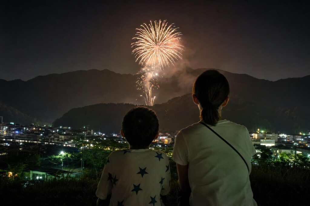 奥多摩の山々に囲まれた夜空の花火を眺める親子